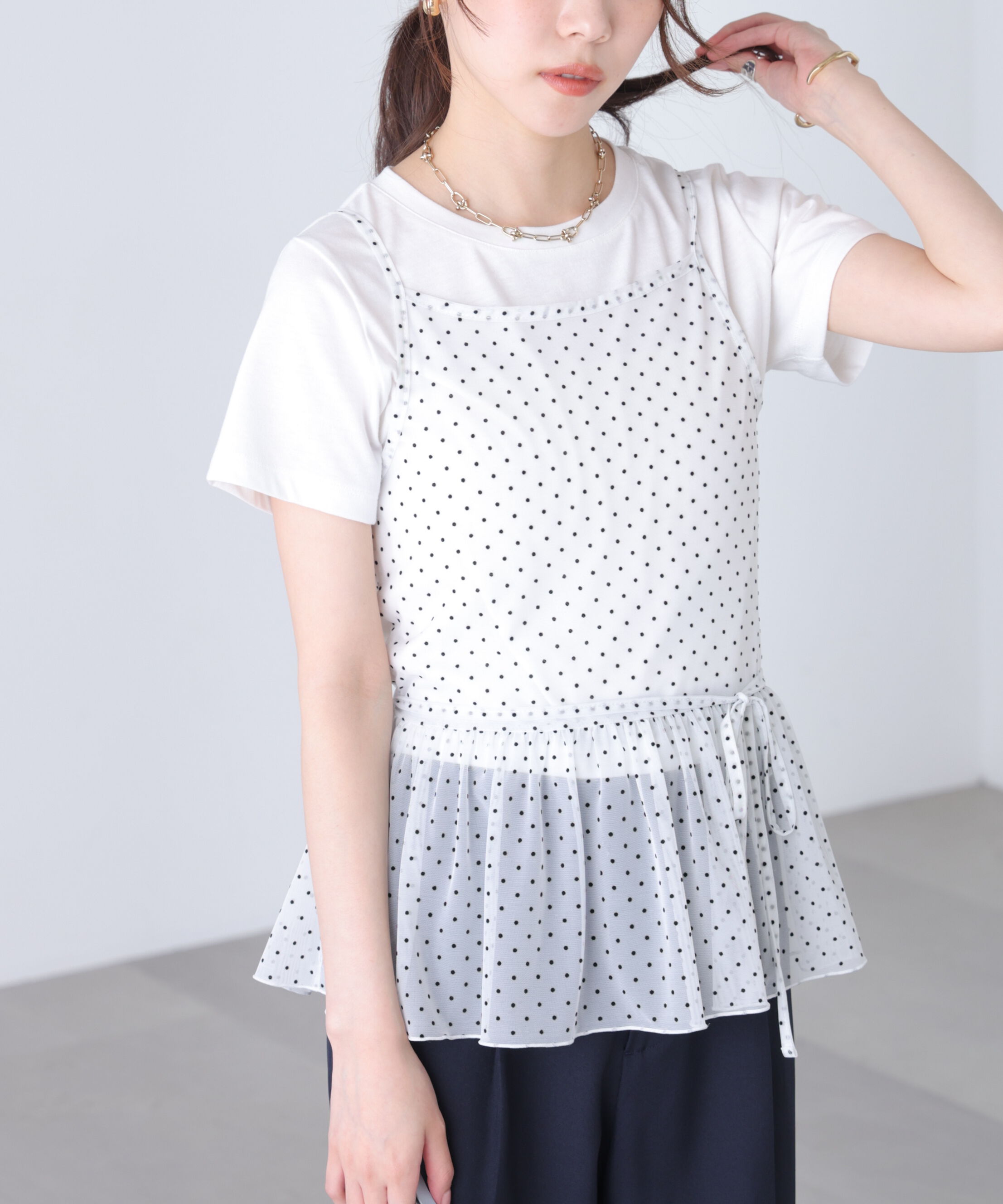  「2WAYシアードットホルターキャミ&times;半袖カットソーセット」|Tシャツ・カットソー|