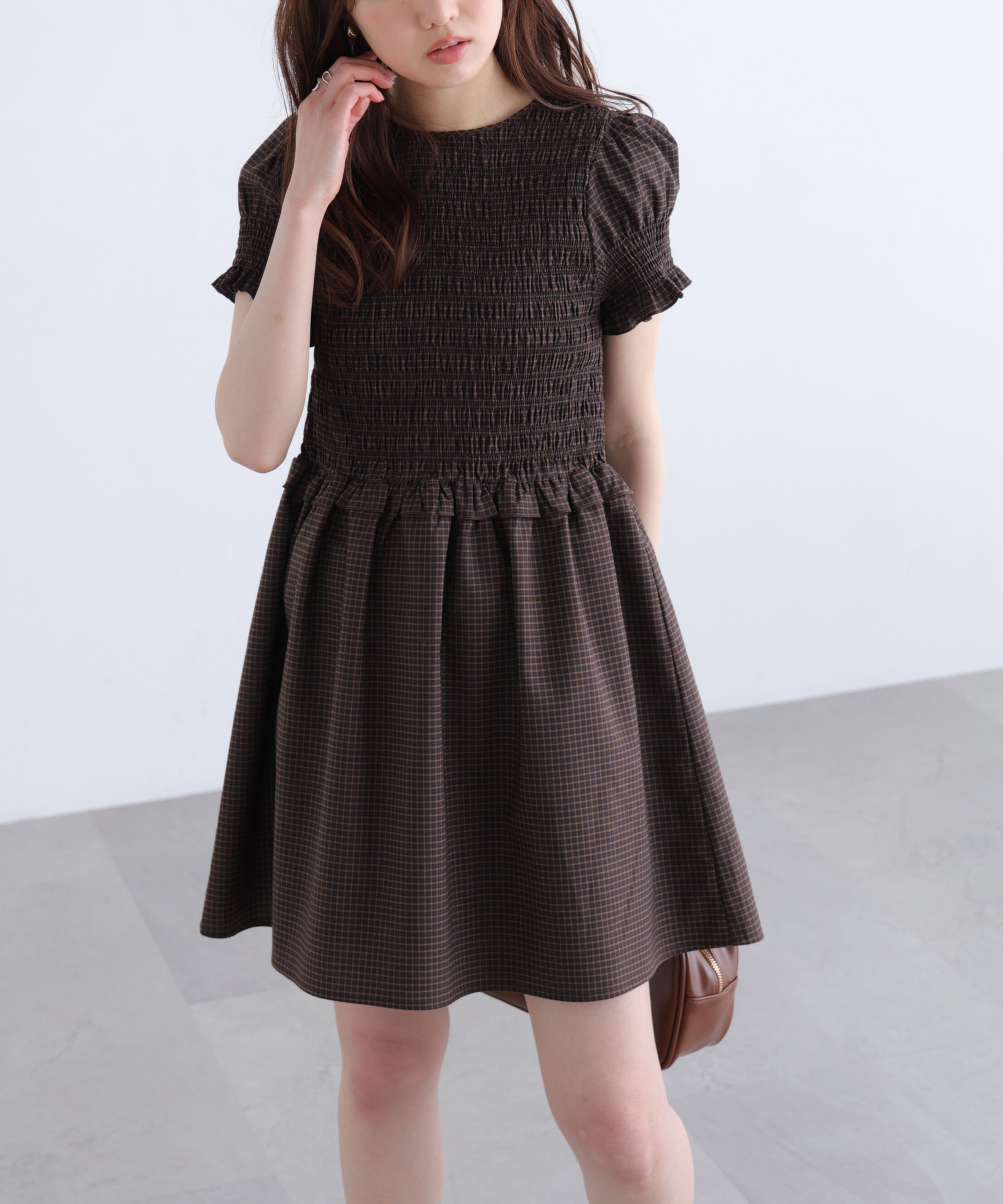  「シャーリングチェックフレアミニワンピース」|ワンピース|