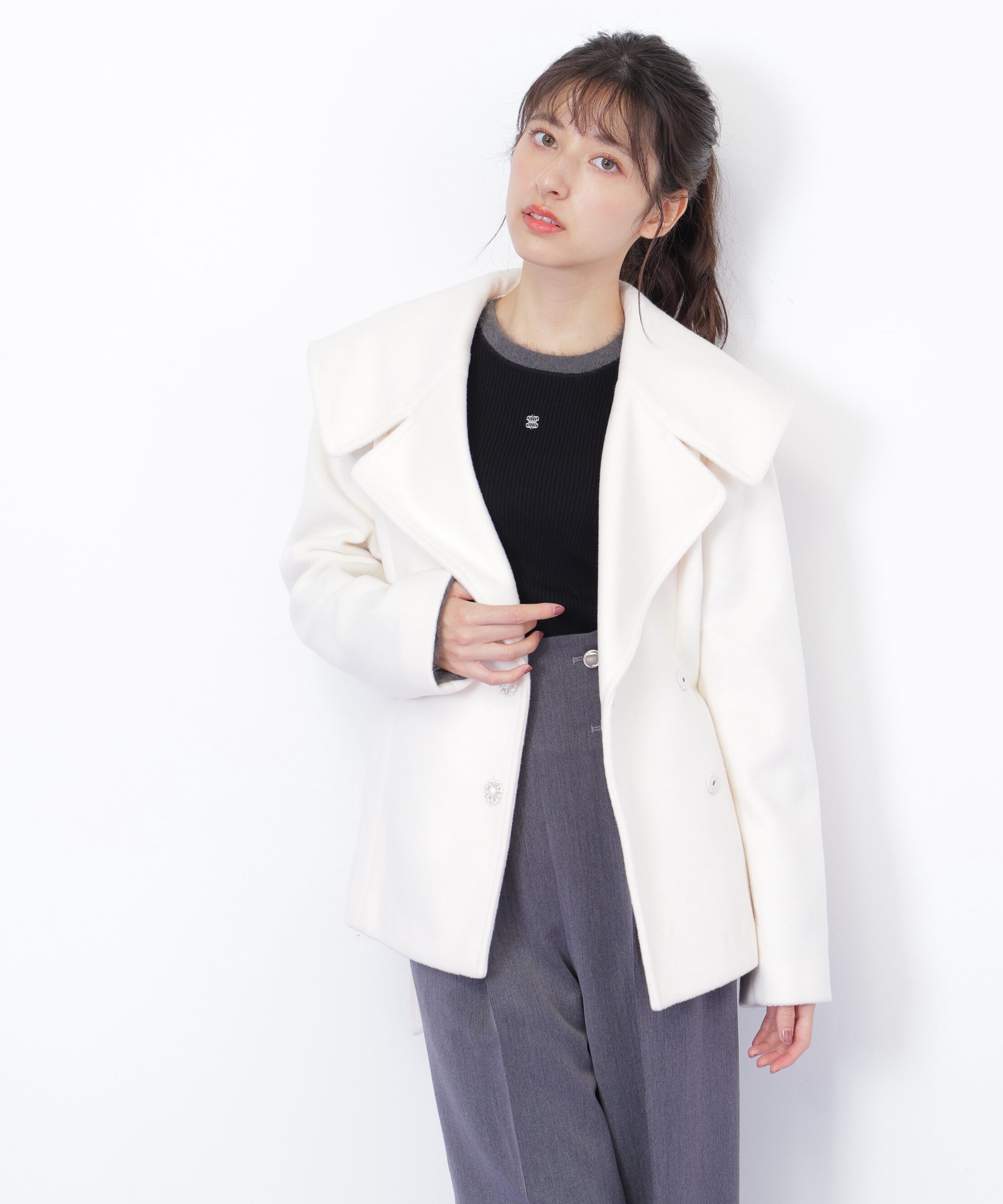  「ビジュー釦ビッグカラーショートコート」|その他|