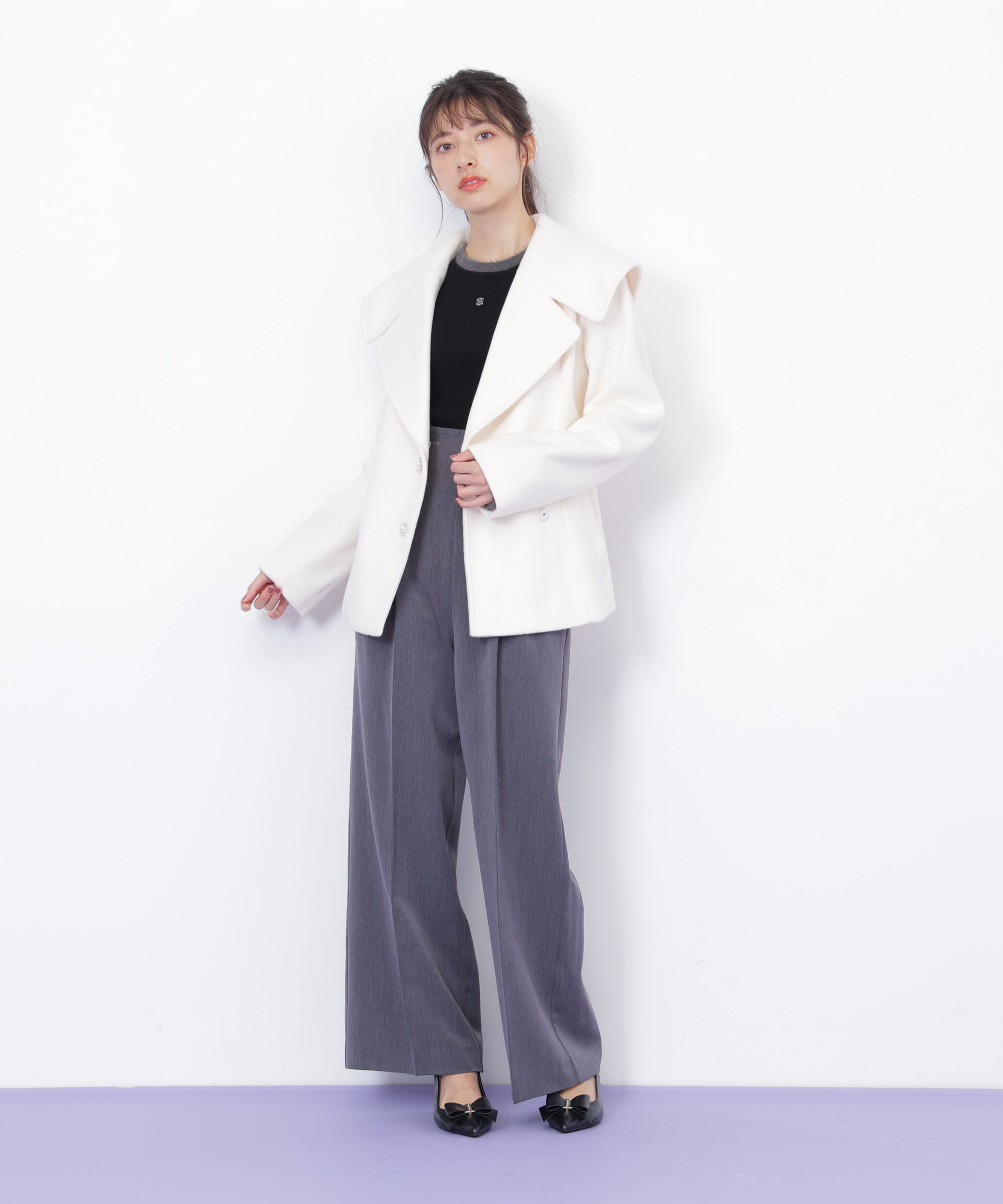  「ビジュー釦ビッグカラーショートコート」|その他|