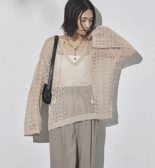 Doux archives「透かし編みキーネックニットプルオーバー」|ニット・セーター|BEIGE