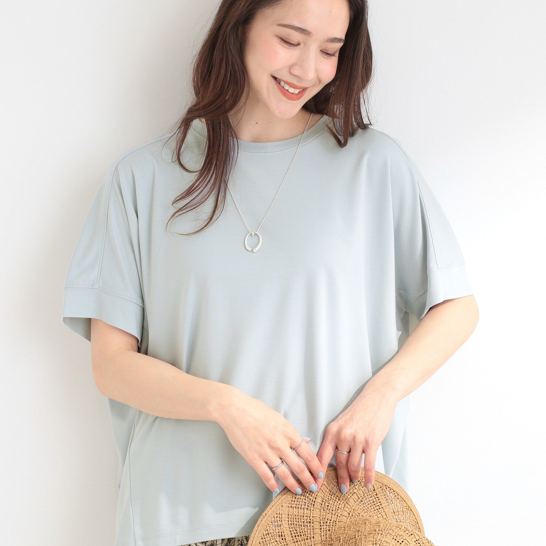 SHOO･LA･RUE「【ひんやり/UV/S-LL/体型カバー】インせずゆるっと決まる ひやとろドルマンTシャツ」|Tシャツ・カットソー|サックスブルー(09
