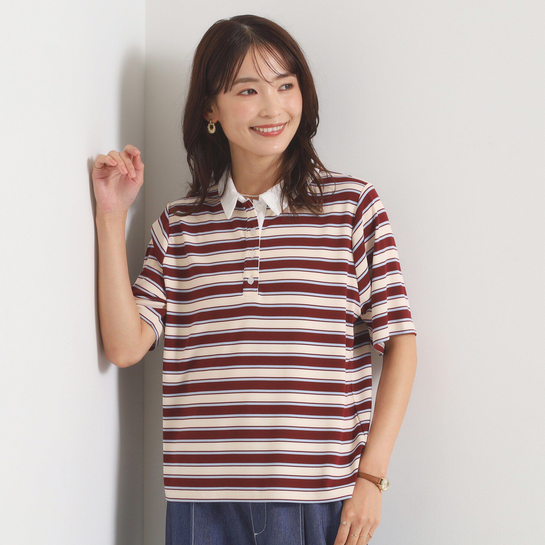 ITS&rsquo;DEMO「ポロ襟ボーダートップス」|Tシャツ・カットソー|ボルドー(364)