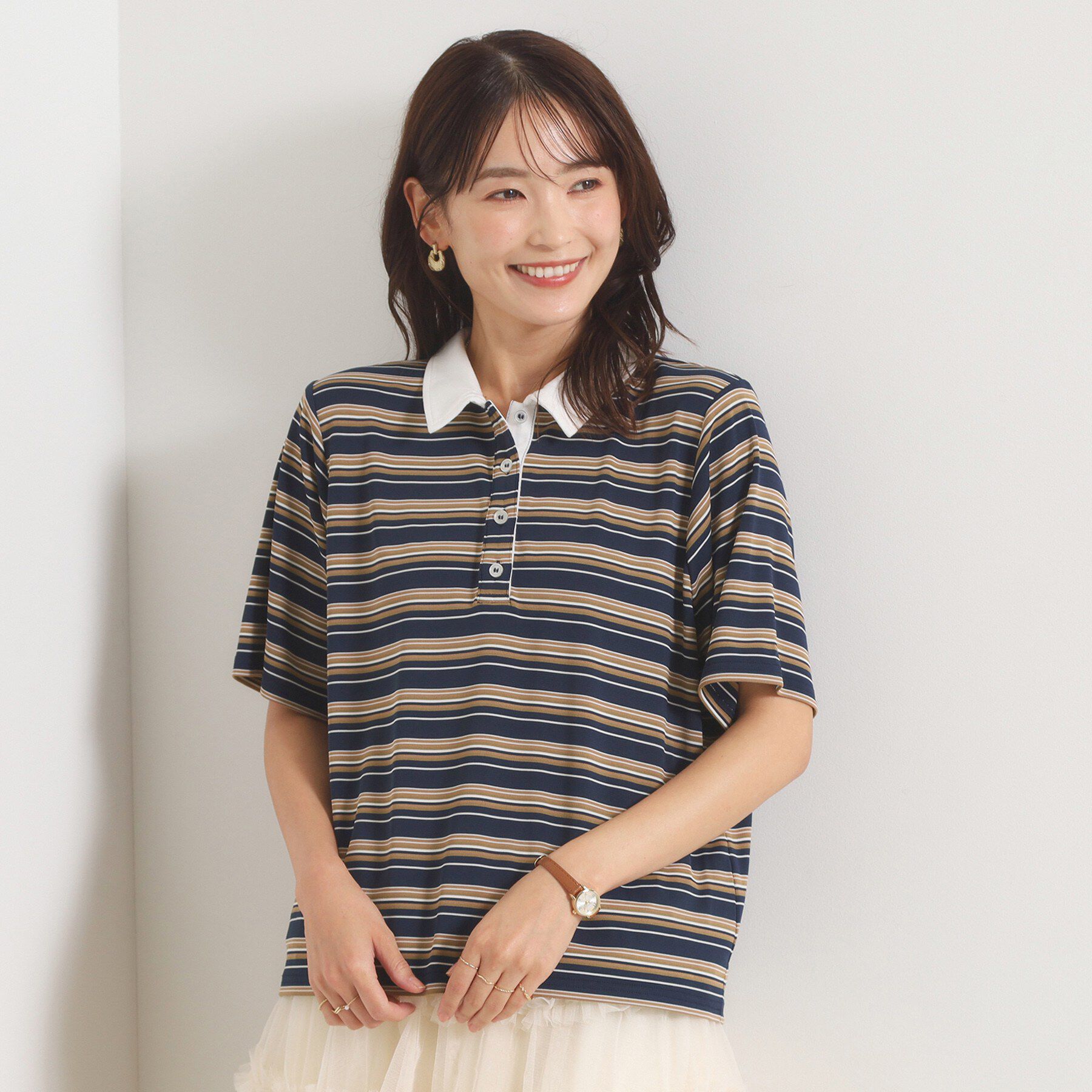 ITS&rsquo;DEMO「ポロ襟ボーダートップス」|Tシャツ・カットソー|ネイビー(394)