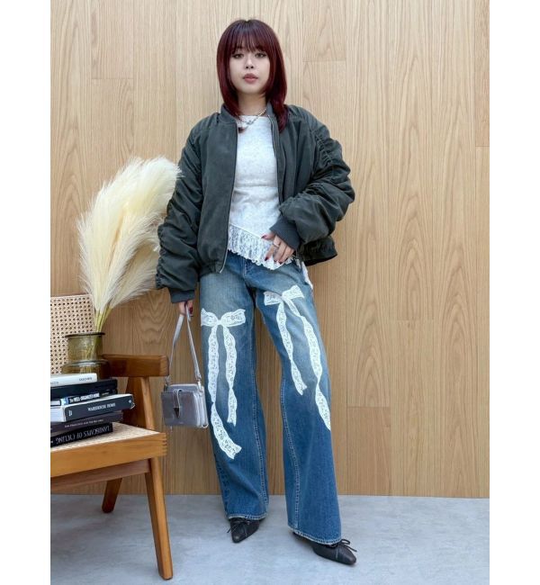 EVRIS「リボンレースワイドデニムパンツ」|デニム|
