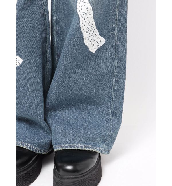 EVRIS「リボンレースワイドデニムパンツ」|デニム|