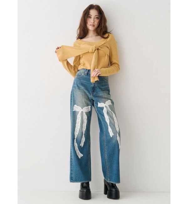 EVRIS「リボンレースワイドデニムパンツ」|デニム|