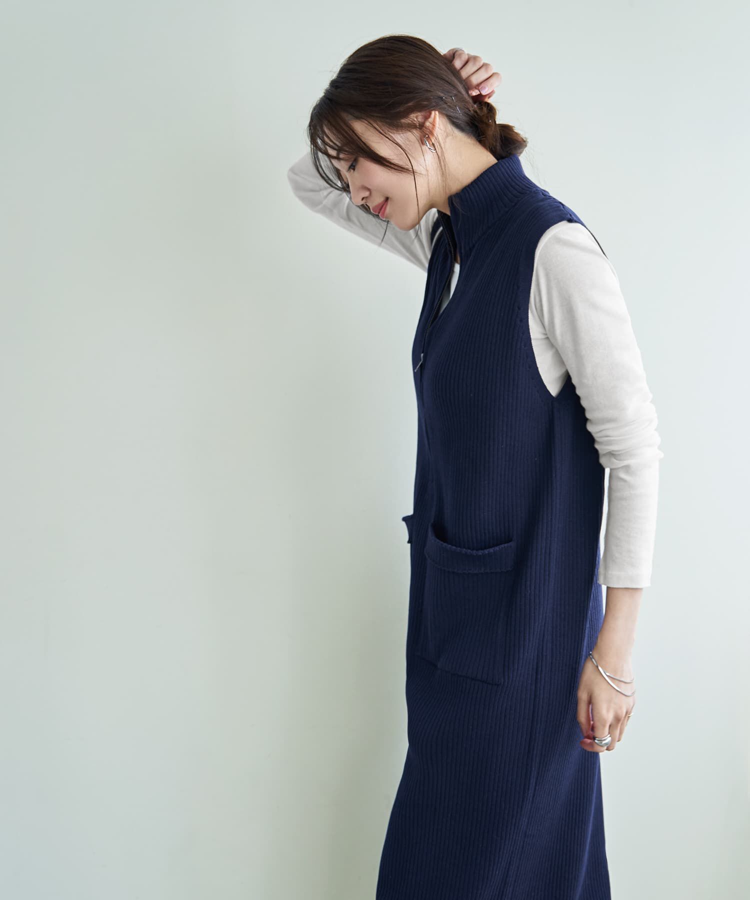 STYLE DELI「ジップ付きスタンドネックのリブニットワンピース」|ワンピース|