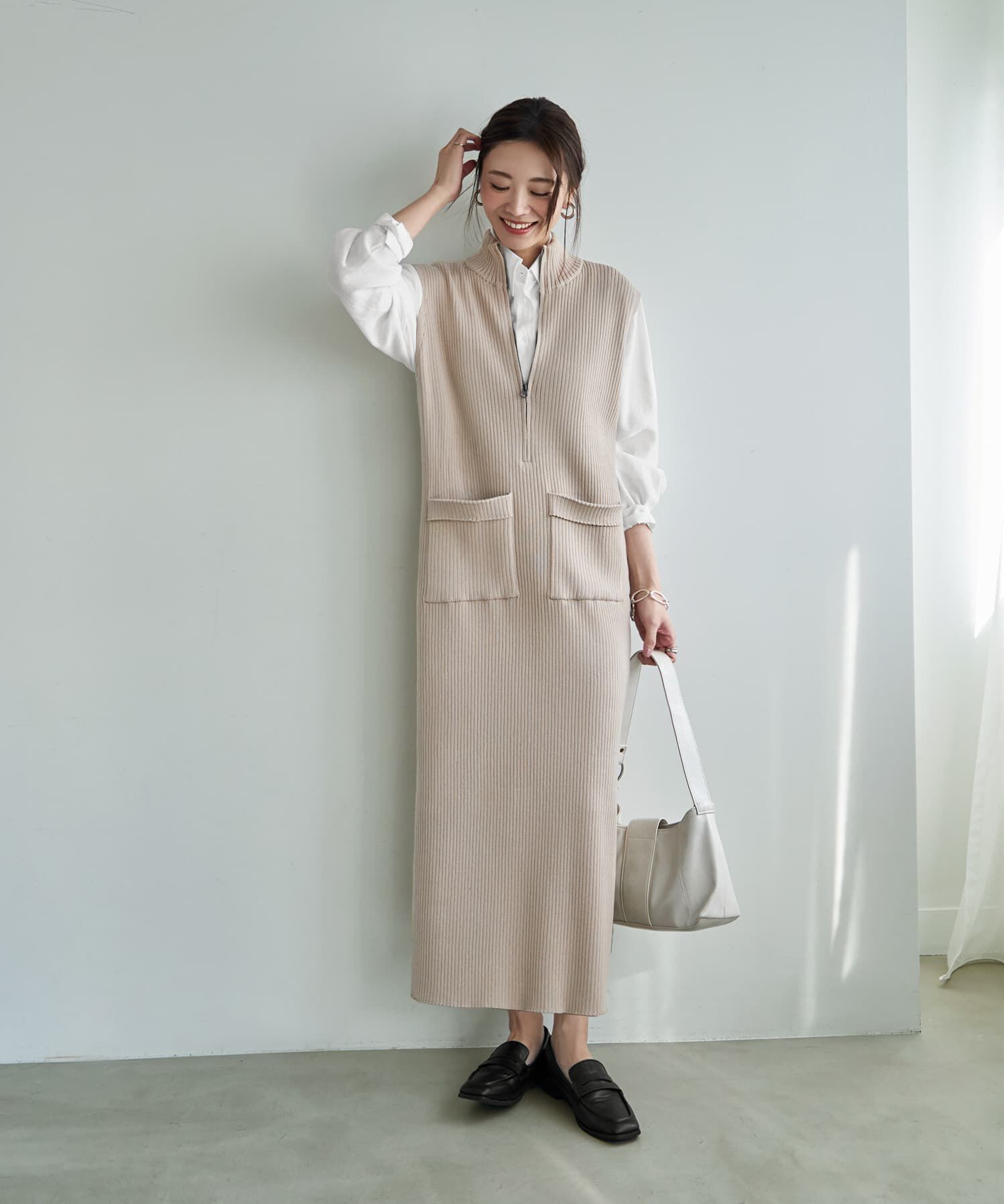 STYLE DELI「ジップ付きスタンドネックのリブニットワンピース」|ワンピース|