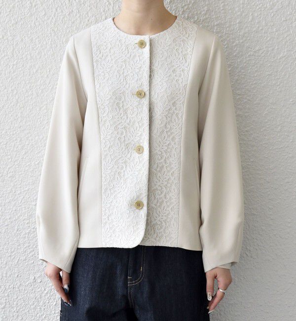 SHIPS any「SHIPS any:〈手洗い可能〉ダブルクロス レース 切替 ノーカラー ジャケット［NAVY BLUE］」|ノーカラージャケット|