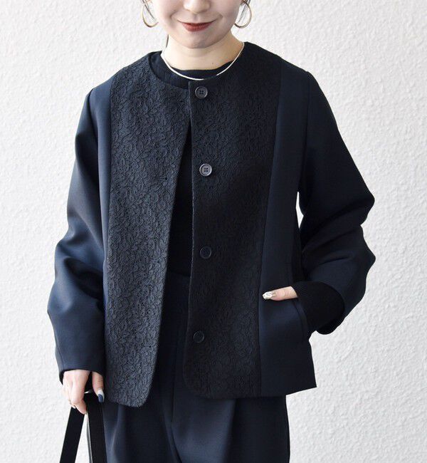 SHIPS any「SHIPS any:〈手洗い可能〉ダブルクロス レース 切替 ノーカラー ジャケット［NAVY BLUE］」|ノーカラージャケット|