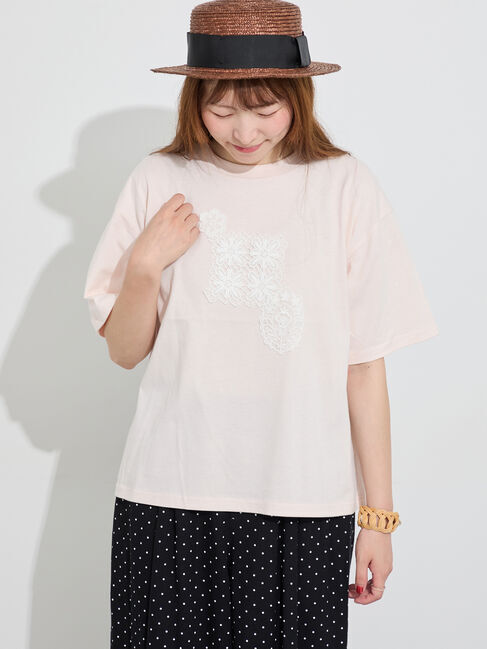 Samansa Mos2「【接触冷感】パーツレース貼りTシャツ」|Tシャツ・カットソー|ピンク