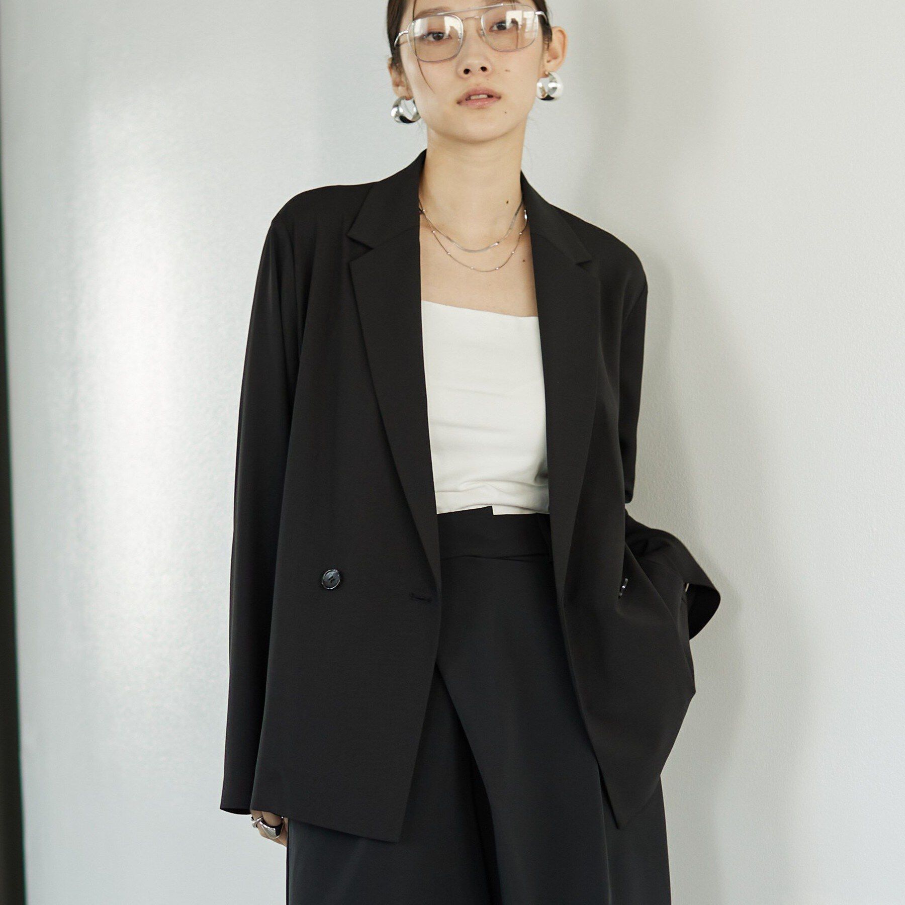 GALLEST「Comfy SET UP｜ダブルブレストイージージャケット【セットアップ対応／通勤／カセット服／接触」|テーラードジャケット|ブラック(019)
