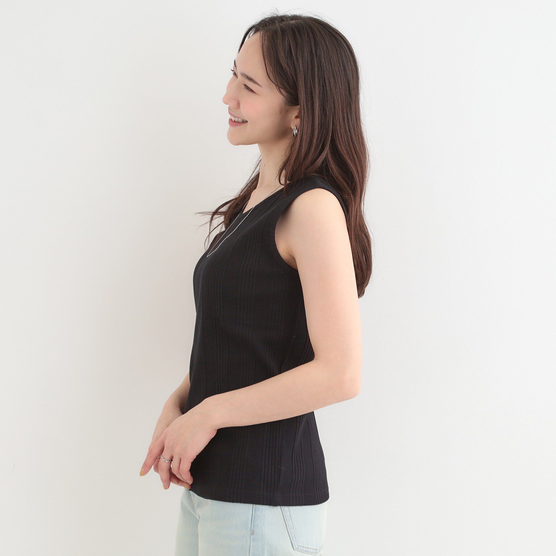 SHOO･LA･RUE「【前後2WAY/洗濯機可/S-LL】スクエアネックで小顔効果 ランダムテレコタンクトップ」|キャミソール|