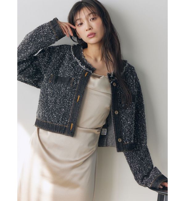 LAGUNAMOON「ツイードライクノーカラーデニムジャケット」|デニムジャケット|
