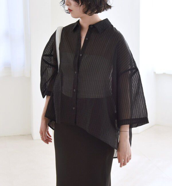 quaranciel「quaranciel:〈手洗い可能〉シアー ストライプ ボーダー ビッグ シャツ」|シャツ・ブラウス|ブラック