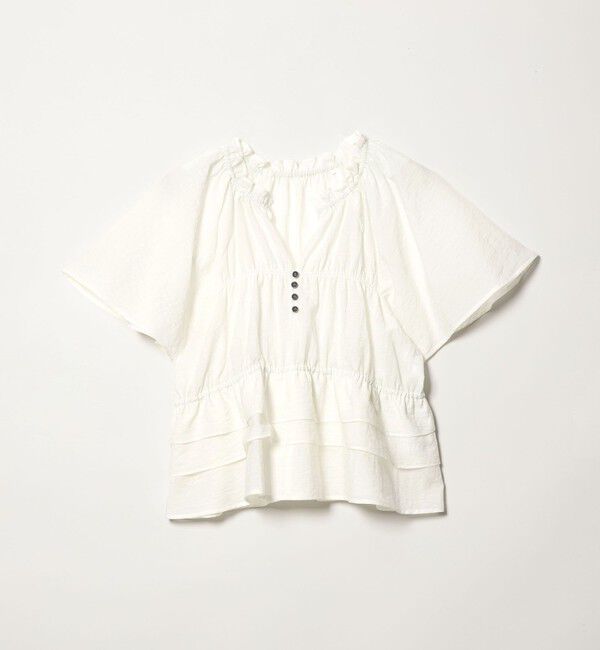 EMMEL REFINES「＜EMMEL REFINES＞EM フリルギャザー キーネック ショートスリーブ ブラウス」|シャツ・ブラウス|OFF WHITE