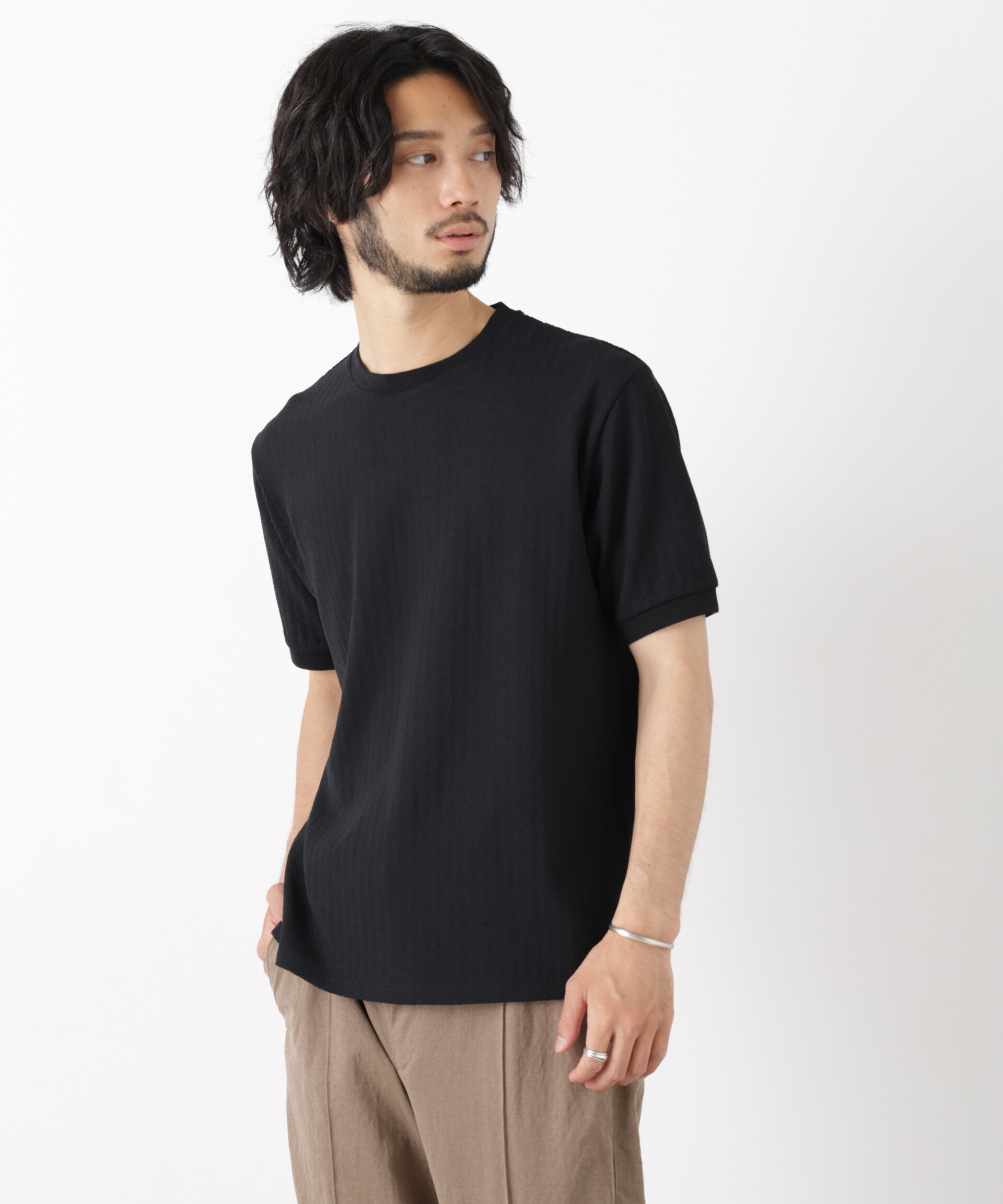 NANO universe「「モダンコンフォート」ヘリンボン クルーネックTシャツ 半袖」|Tシャツ・カットソー|ブラック