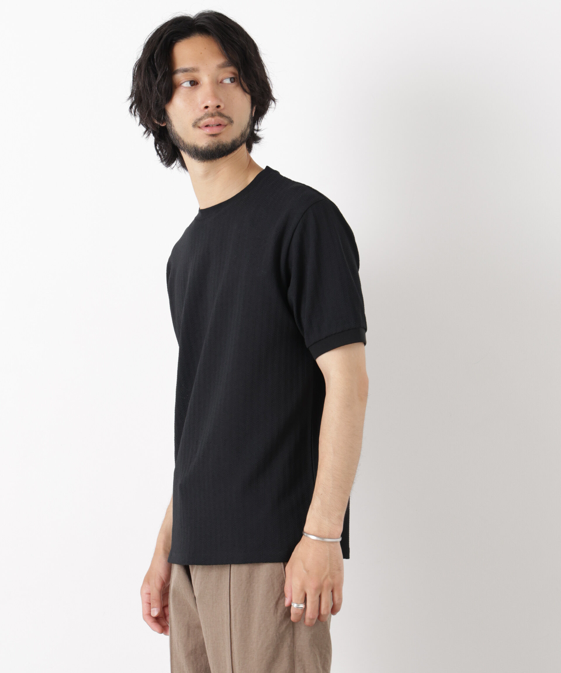 NANO universe「「モダンコンフォート」ヘリンボン クルーネックTシャツ 半袖」|Tシャツ・カットソー|