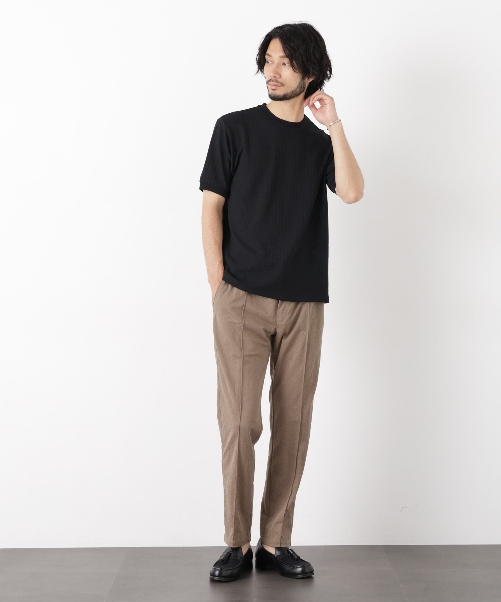 NANO universe「「モダンコンフォート」ヘリンボン クルーネックTシャツ 半袖」|Tシャツ・カットソー|