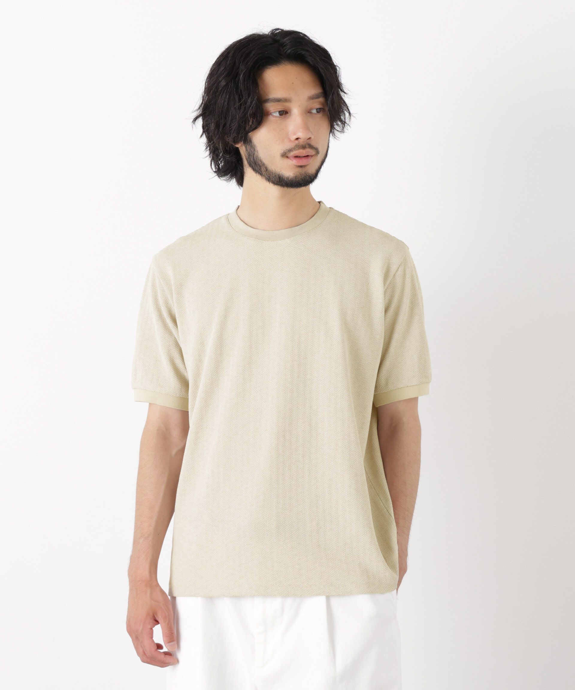 NANO universe「「モダンコンフォート」ヘリンボン クルーネックTシャツ 半袖」|Tシャツ・カットソー|ライトベージ 1