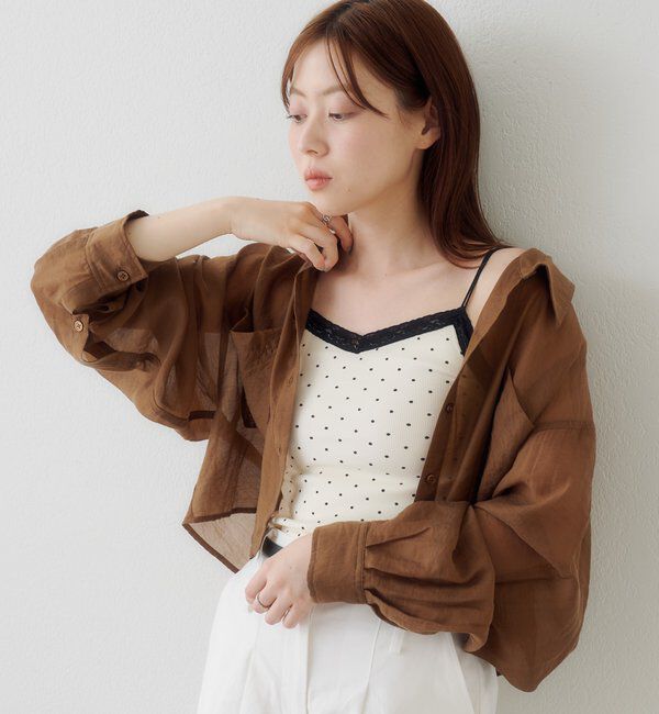  「【レース&無地】カップ付きレースドットキャミ」|キャミソール|