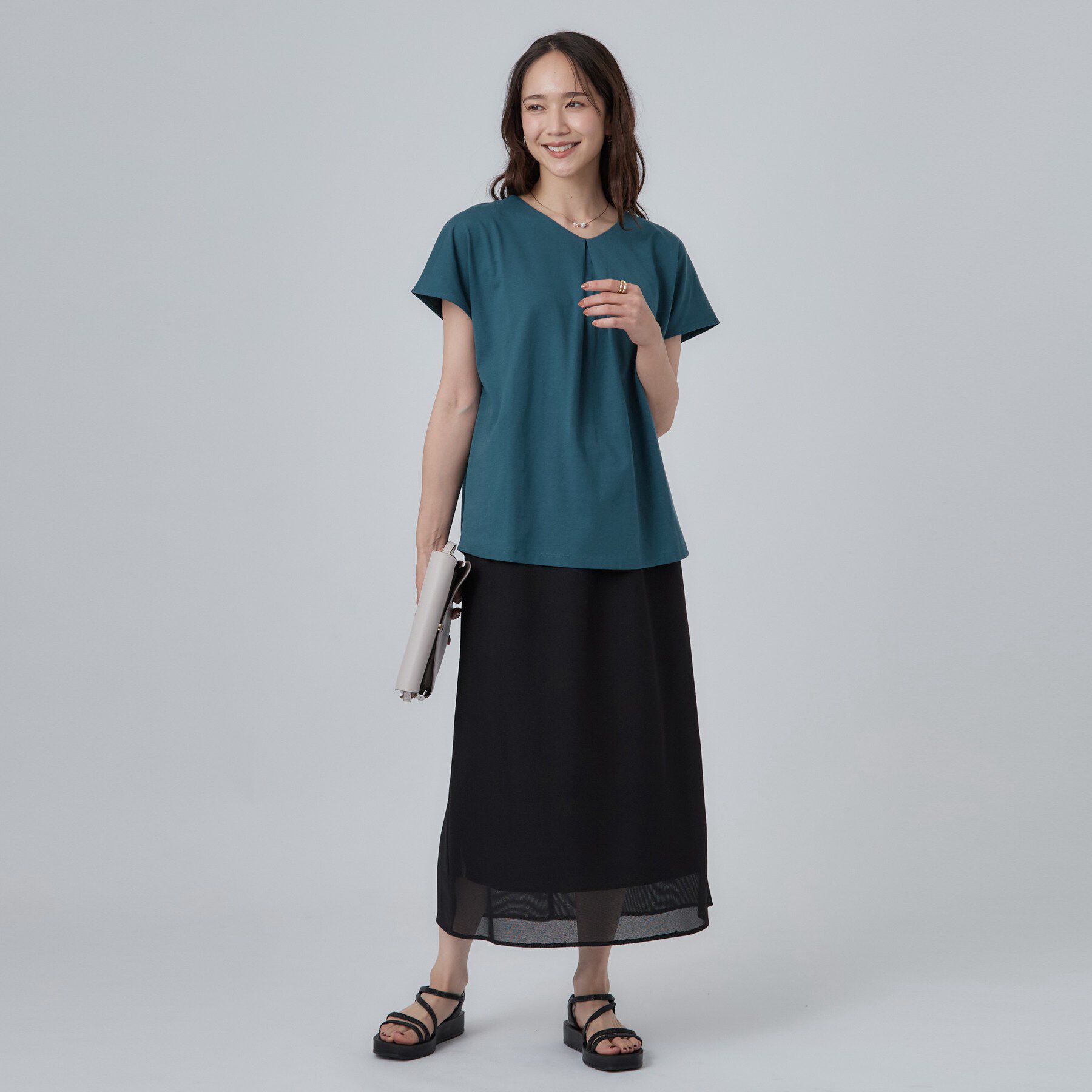 SHOO･LA･RUE「【ひんやり/前後2WAY/S-LL】楽に着られて好印象 やわらかトップス」|Tシャツ・カットソー|