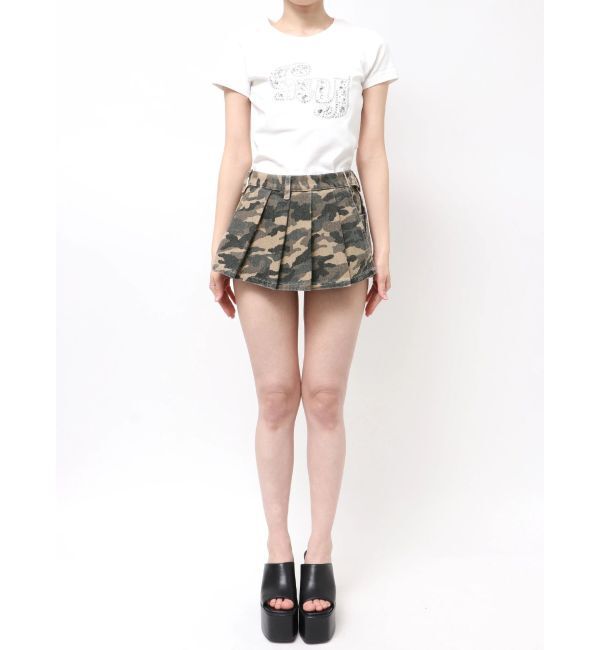 GYDA「ハイウエストレイヤードプリーツスカートライクデニムショートパンツ」|スカート|