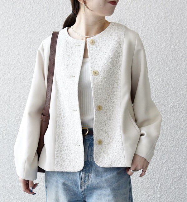 SHIPS any「SHIPS any:〈手洗い可能〉ダブルクロス レース 切替 ノーカラー ジャケット［NAVY BLUE］」|ノーカラージャケット|