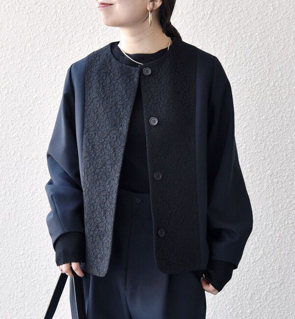 SHIPS any「SHIPS any:〈手洗い可能〉ダブルクロス レース 切替 ノーカラー ジャケット［NAVY BLUE］」|ノーカラージャケット|