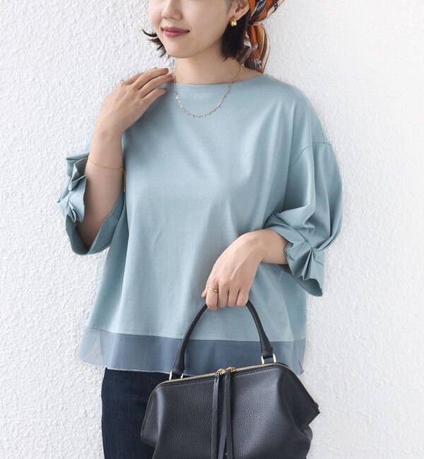 SHIPS for women「〈手洗い可能〉シアー コンビ 袖 タック デザイン プルオーバー」|Tシャツ・カットソー|