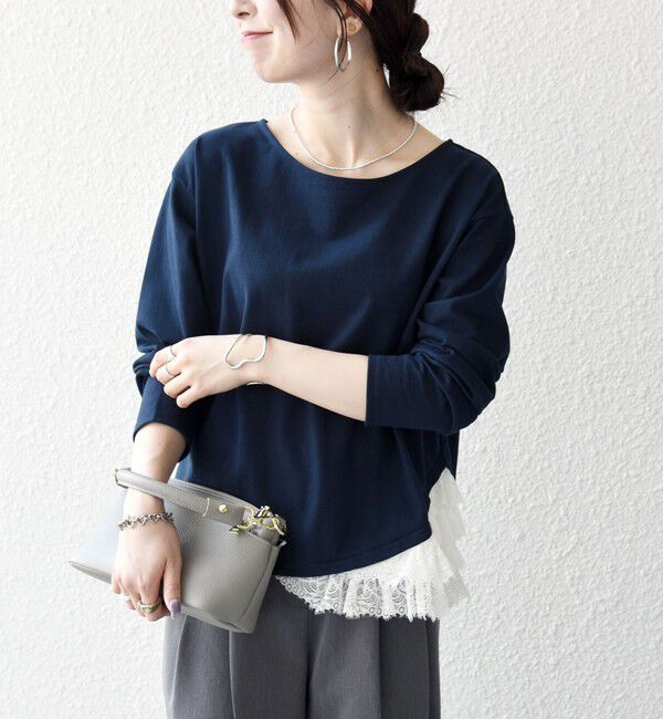 SHIPS any「《予約》SHIPS any:〈洗濯機可能〉レース ヘム アシンメトリー ロングスリーブ TEE」|Tシャツ・カットソー|