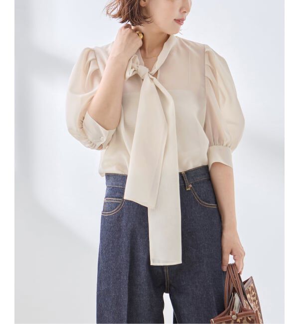journal standard L'essage「《手洗い可》シアーチェック/フラワー/無地 ハーフスリーブボウタイブラウス」|シャツ・ブラウス|