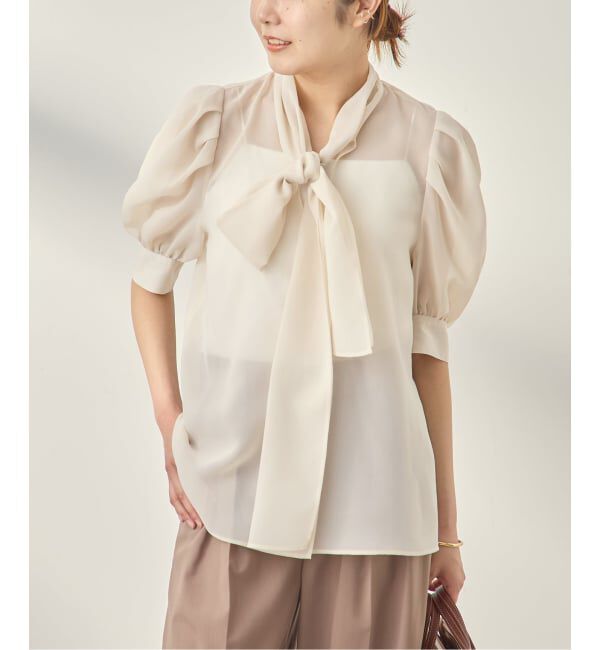 journal standard L'essage「《手洗い可》シアーチェック/フラワー/無地 ハーフスリーブボウタイブラウス」|シャツ・ブラウス|