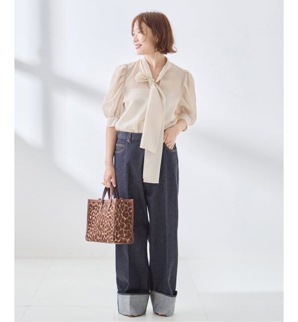 journal standard L'essage「《手洗い可》シアーチェック/フラワー/無地 ハーフスリーブボウタイブラウス」|シャツ・ブラウス|