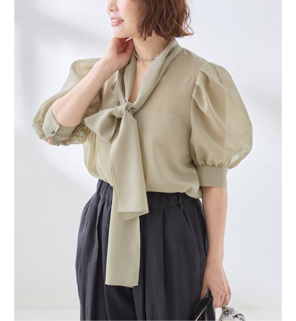 journal standard L'essage「《手洗い可》シアーチェック/フラワー/無地 ハーフスリーブボウタイブラウス」|シャツ・ブラウス|