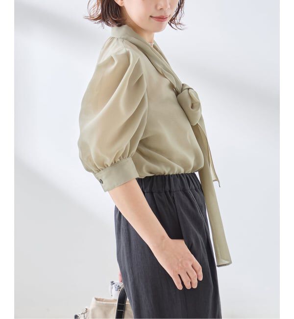 journal standard L'essage「《手洗い可》シアーチェック/フラワー/無地 ハーフスリーブボウタイブラウス」|シャツ・ブラウス|