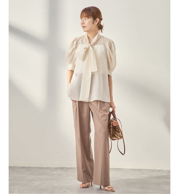 journal standard L'essage「《手洗い可》シアーチェック/フラワー/無地 ハーフスリーブボウタイブラウス」|シャツ・ブラウス|