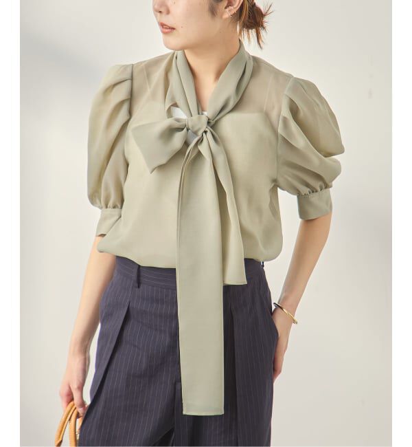 journal standard L'essage「《手洗い可》シアーチェック/フラワー/無地 ハーフスリーブボウタイブラウス」|シャツ・ブラウス|