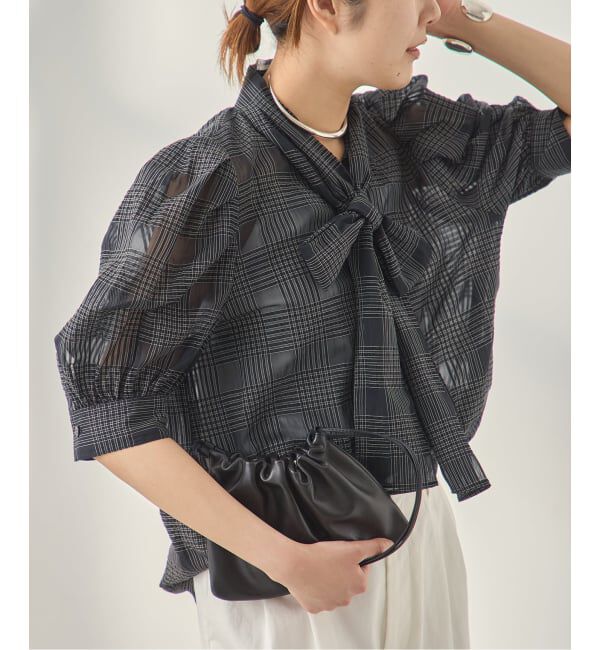 journal standard L'essage「《手洗い可》シアーチェック/フラワー/無地 ハーフスリーブボウタイブラウス」|シャツ・ブラウス|