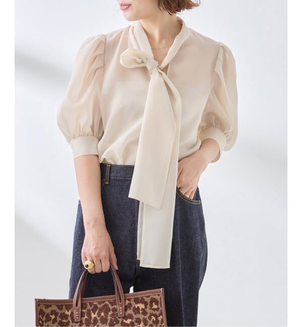 journal standard L'essage「《手洗い可》シアーチェック/フラワー/無地 ハーフスリーブボウタイブラウス」|シャツ・ブラウス|ホワイト