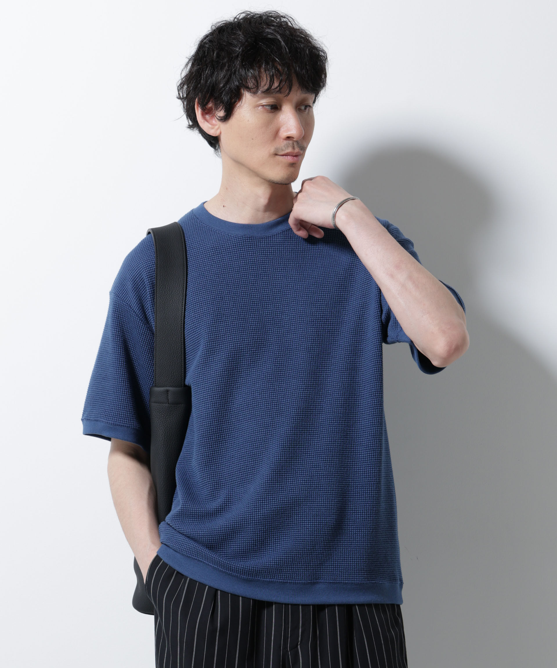 NANO universe「テックワッフルクルーネックTシャツ 半袖」|Tシャツ・カットソー|ネイビー