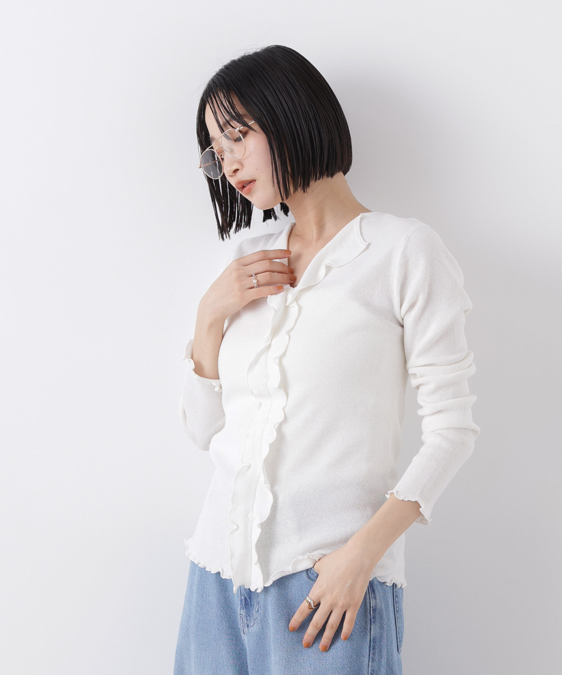 nano･universe「フロントフリルニットトップス」|ニット・セーター|ホワイト