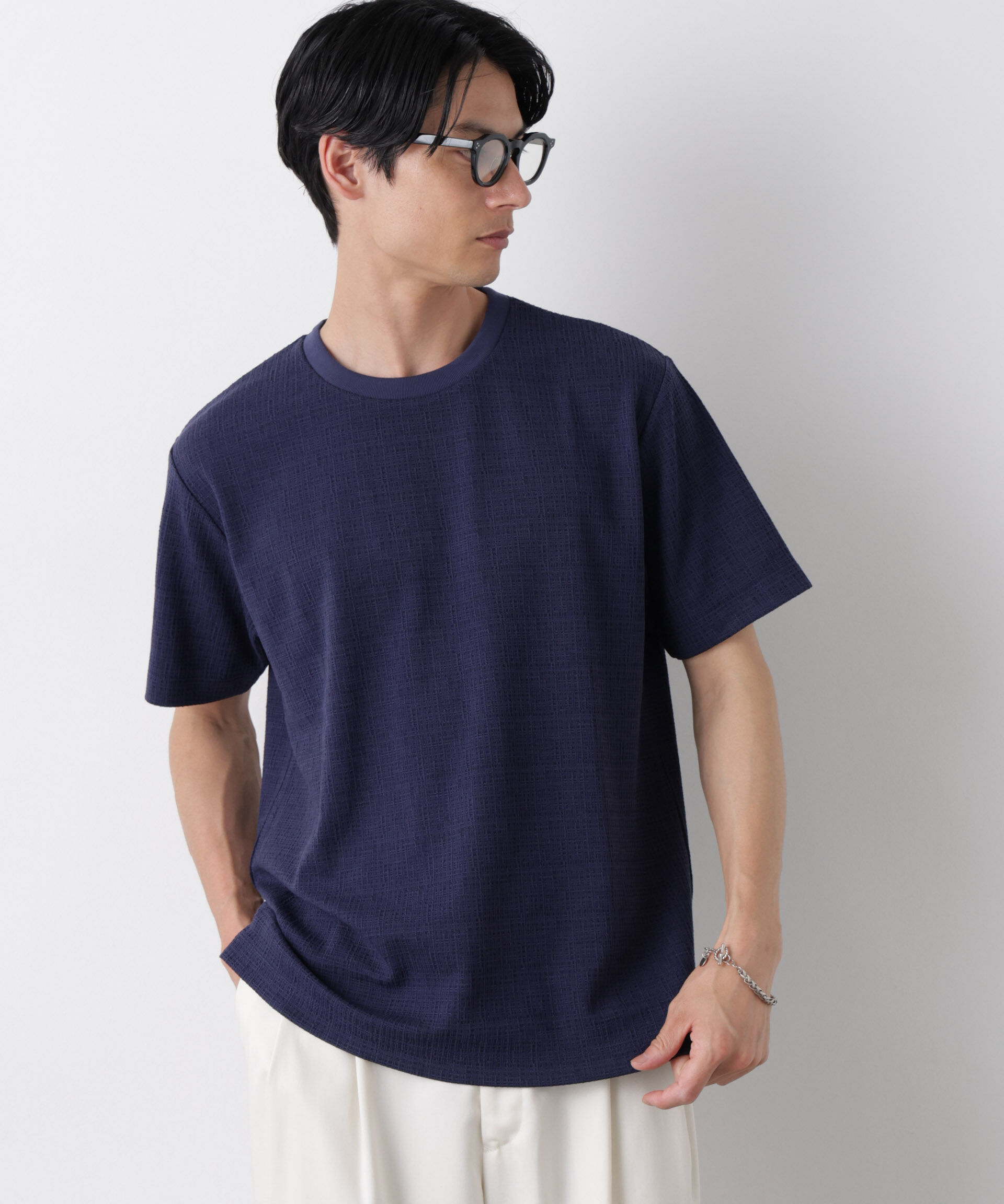 NANO universe「ストレッチジャガードTシャツ 半袖」|Tシャツ・カットソー|ネイビー