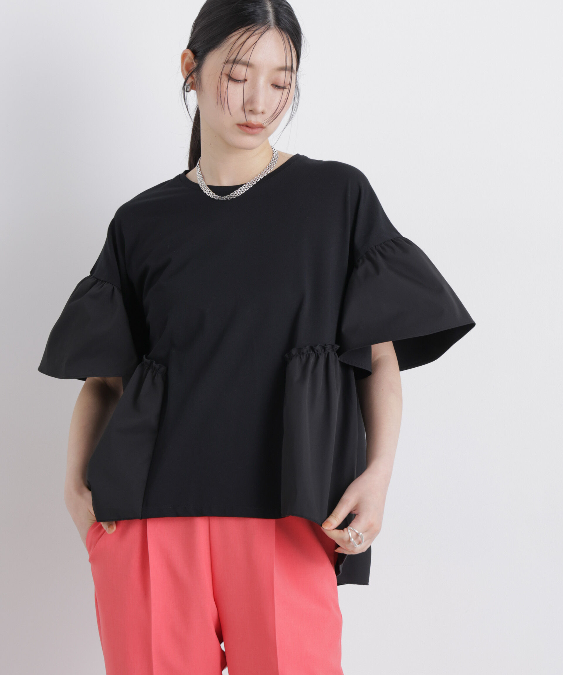 nano･universe「異素材ドッキングギャザーカットソー」|Tシャツ・カットソー|ブラック