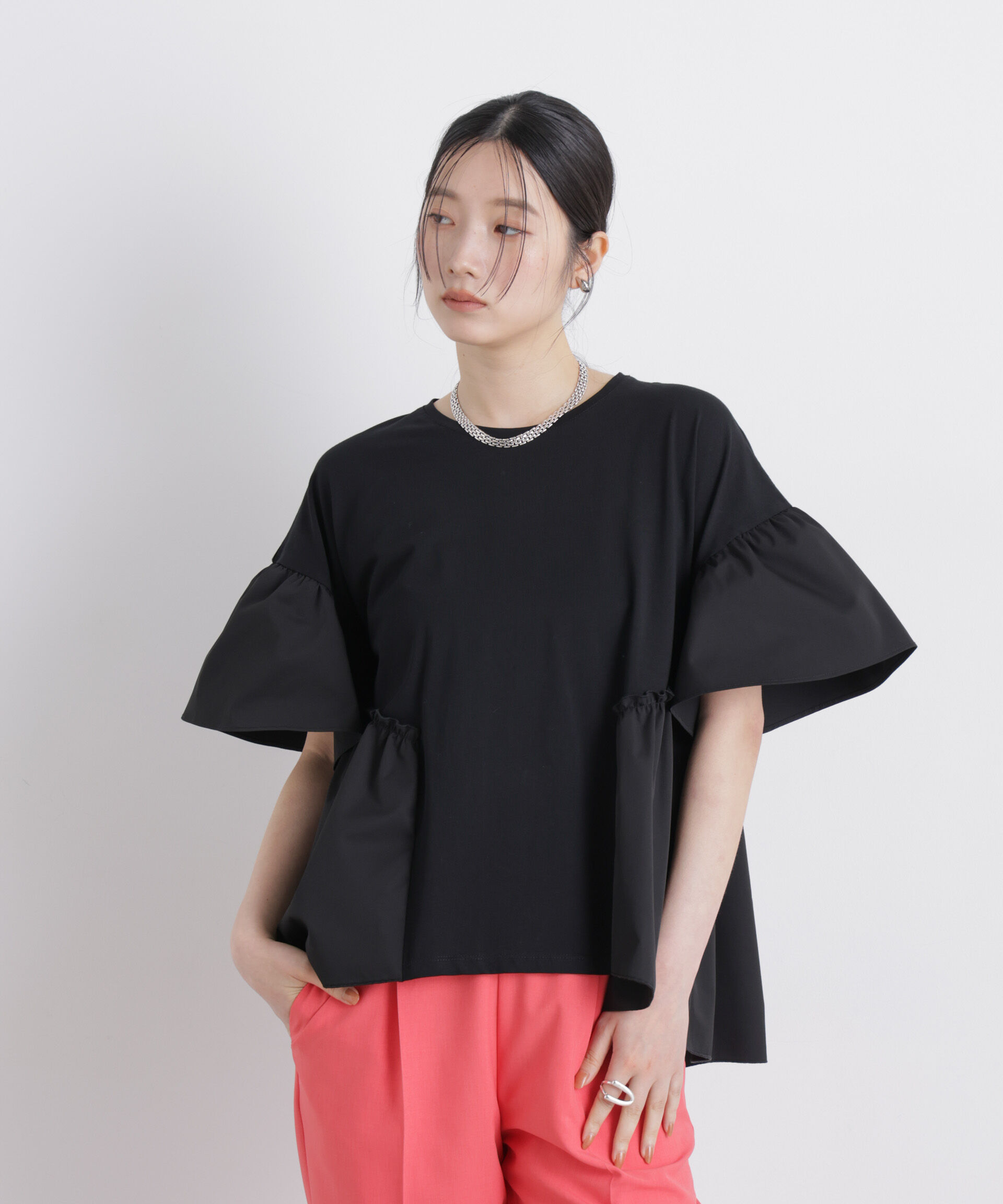 nano･universe「異素材ドッキングギャザーカットソー」|Tシャツ・カットソー|