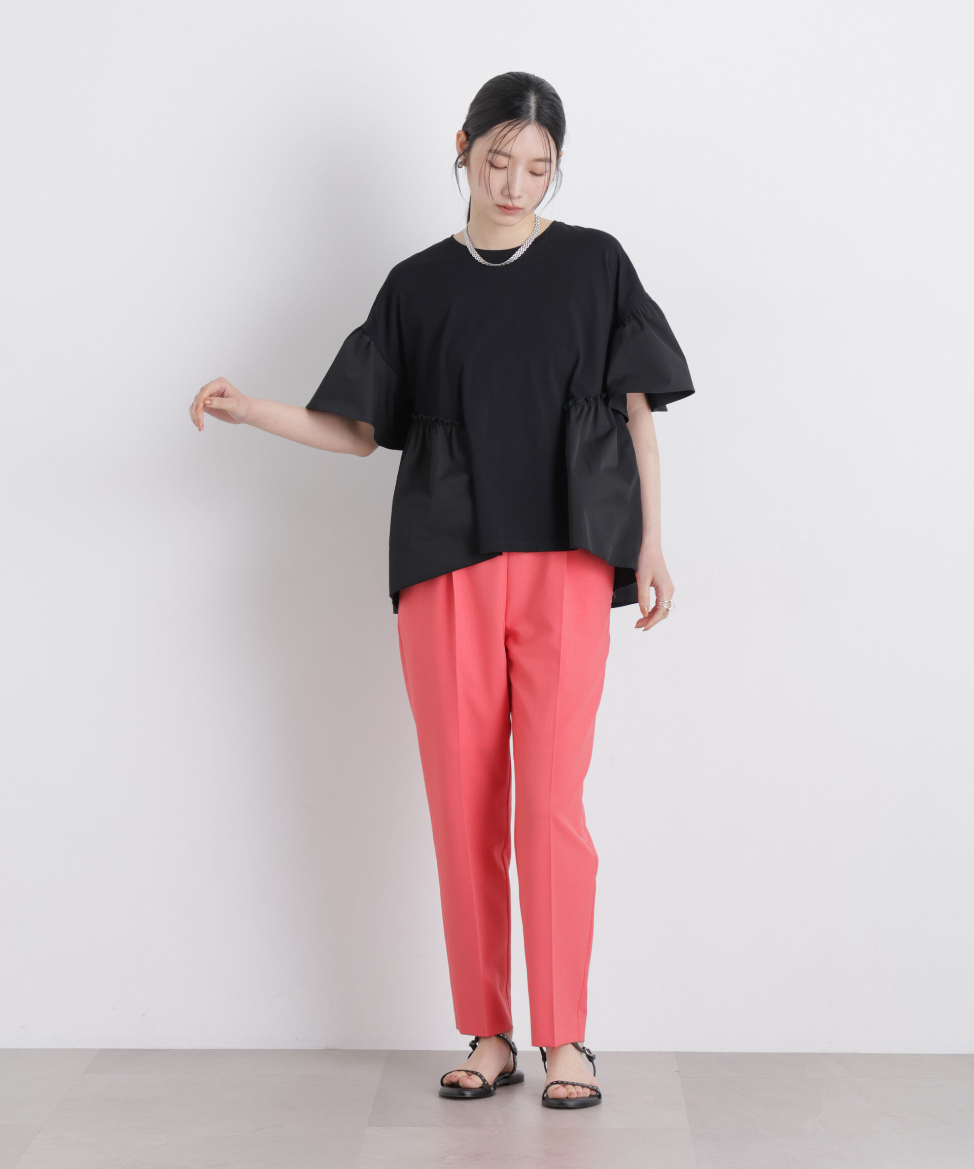 nano･universe「異素材ドッキングギャザーカットソー」|Tシャツ・カットソー|