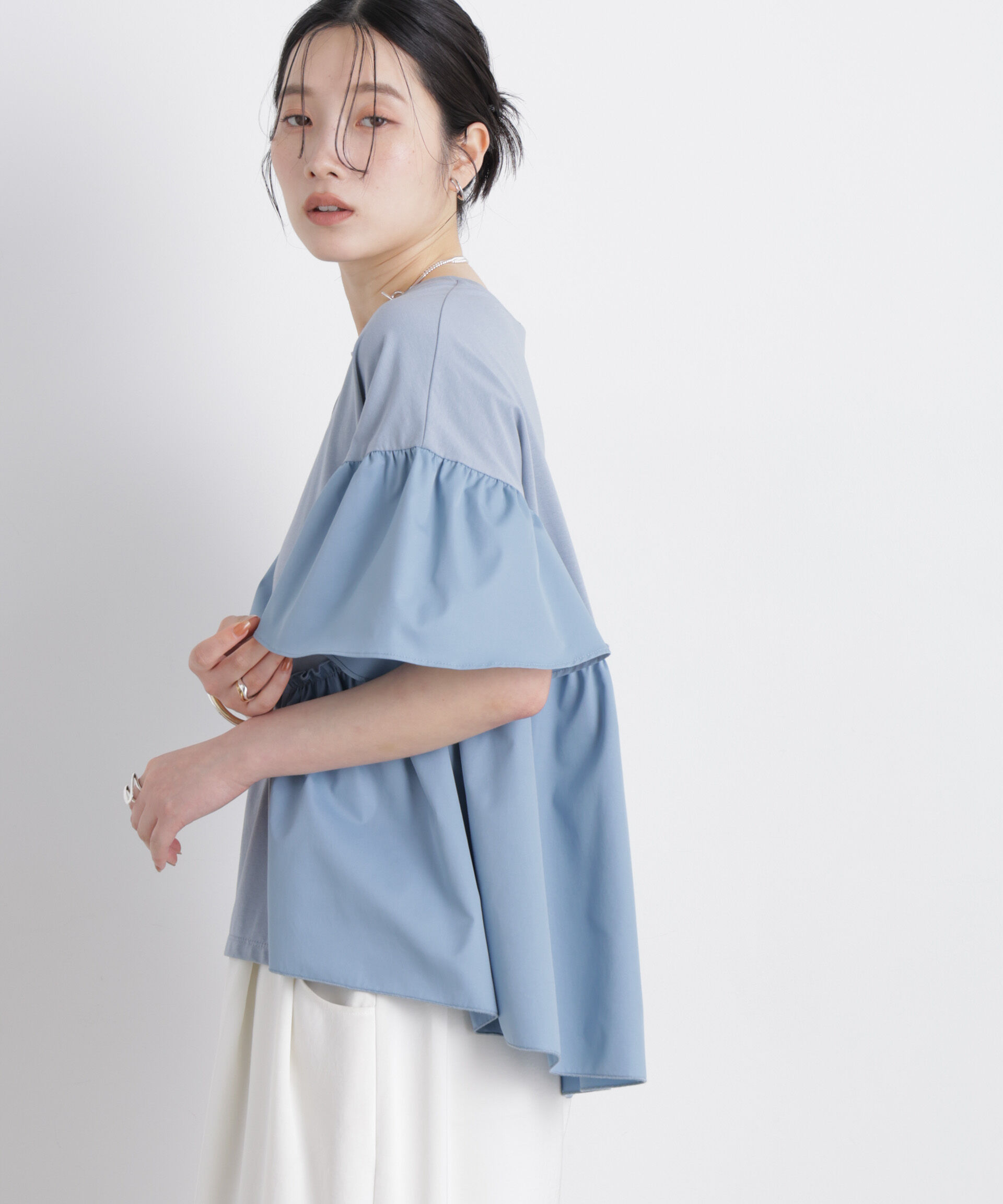 nano･universe「異素材ドッキングギャザーカットソー」|Tシャツ・カットソー|