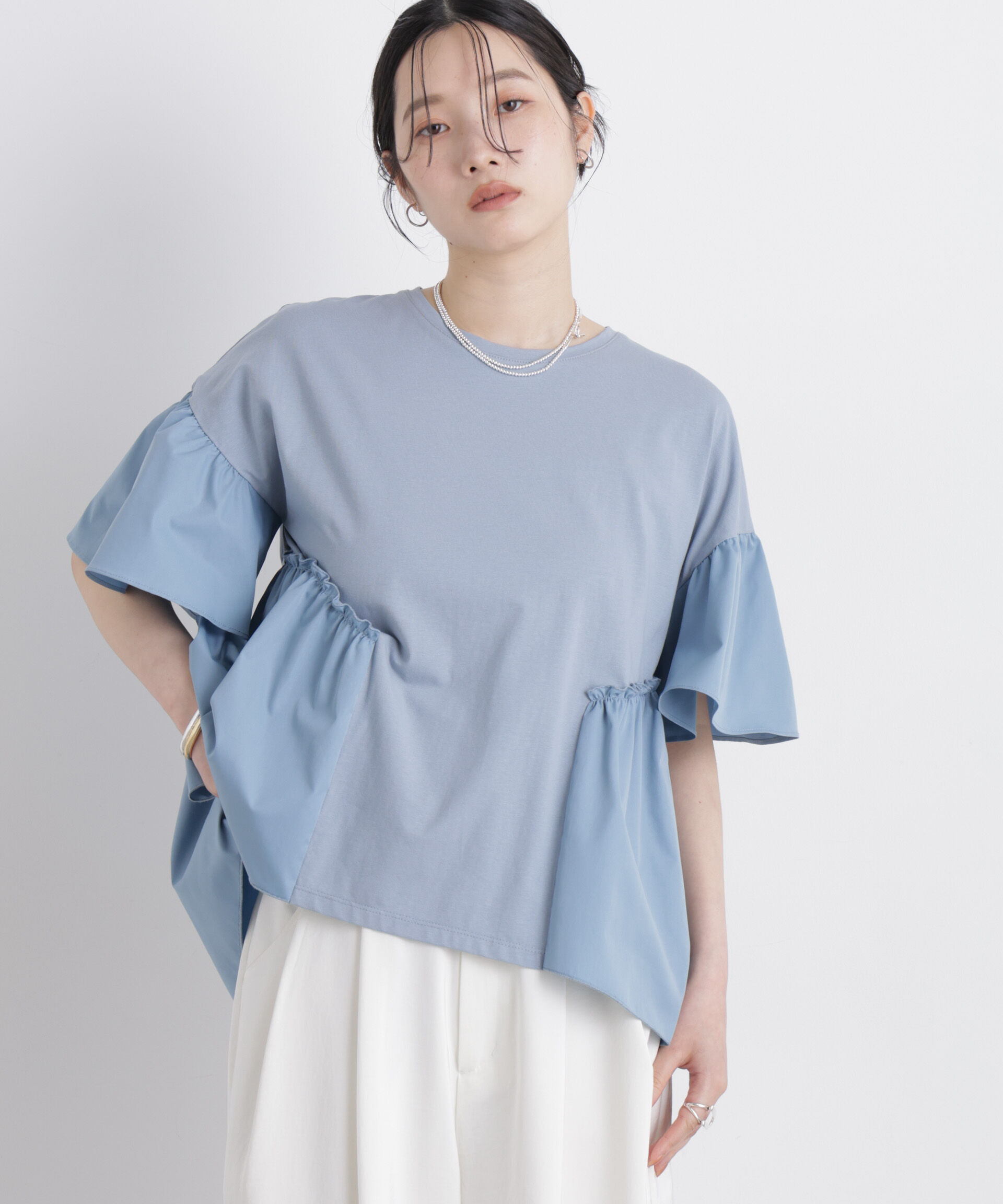 nano･universe「異素材ドッキングギャザーカットソー」|Tシャツ・カットソー|