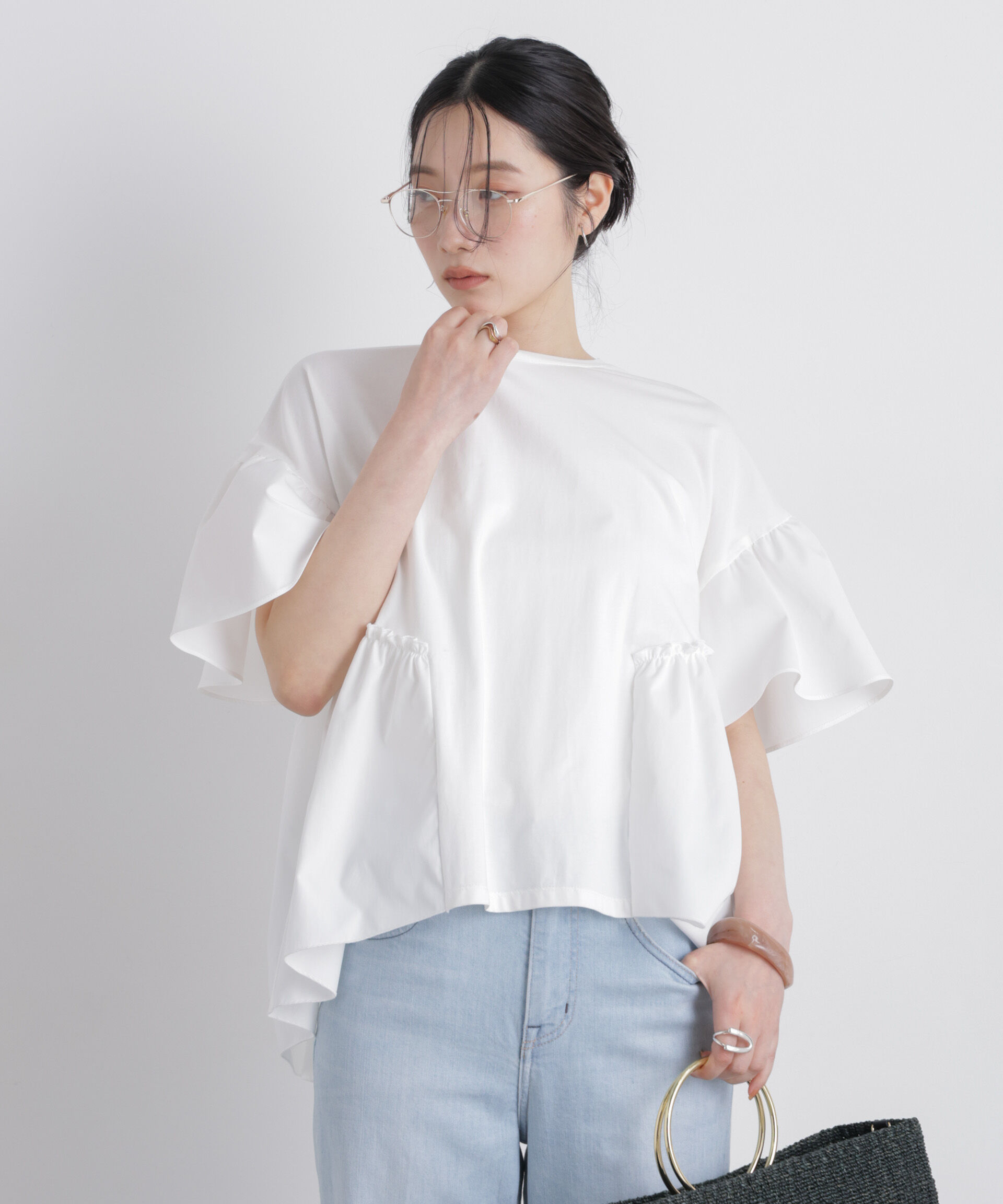 nano･universe「異素材ドッキングギャザーカットソー」|Tシャツ・カットソー|ホワイト